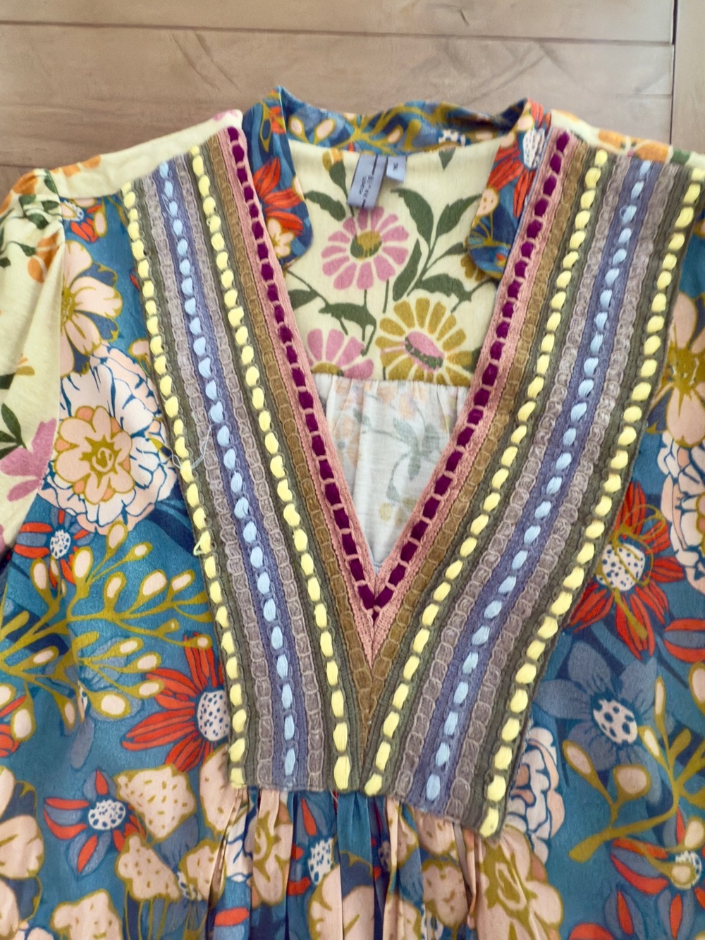 Anthropologie V-Neck Peasant Top in Blue and Cream